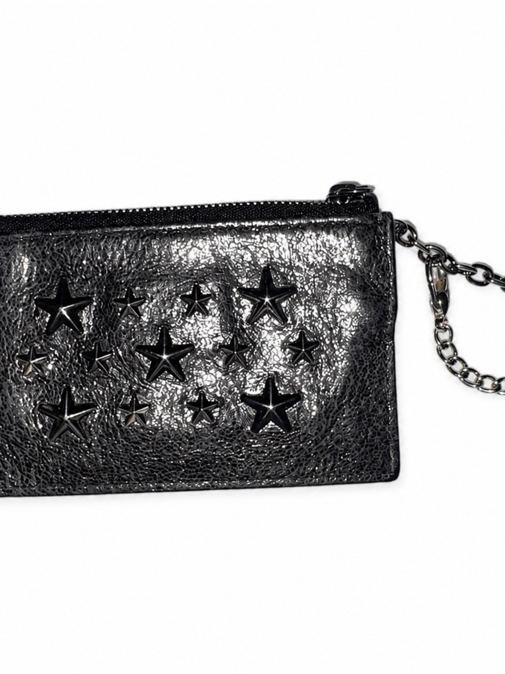 Jimmy Choo Camelot Gunmetal Metallic Star Studded Coin Pouch Keychain Wallet